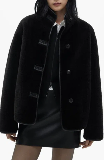Mango Mozart Faux Leather Trim Faux Shearling Coat In Black