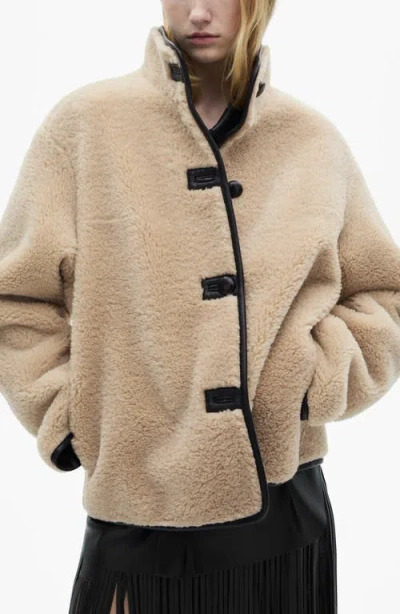 Mango Mozart Faux Leather Trim Faux Shearling Coat In Ecru
