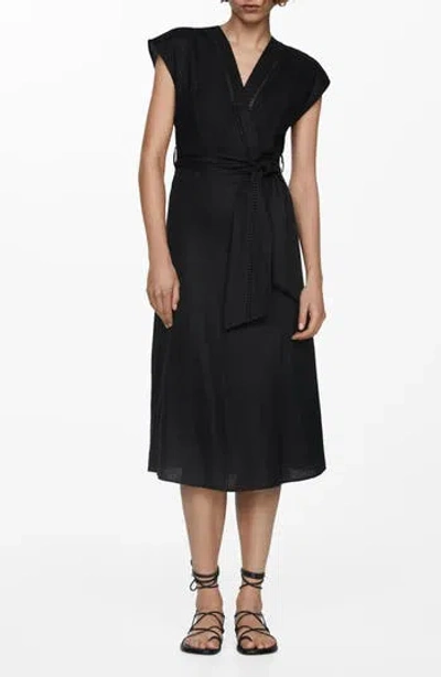 Mango Nanda Tie Waist Linen Dress In Black | ModeSens