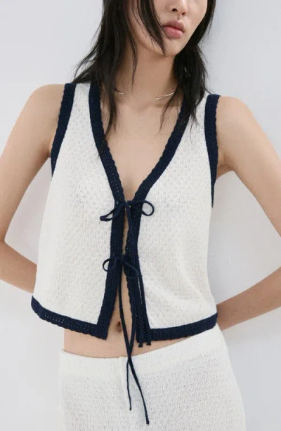 Mango Nati Cotton Mix Knit Tie Front Sleeveless Top In White