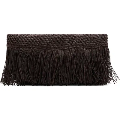 Mango Natural Fiber Envelope Clutch With Fringe In Brown