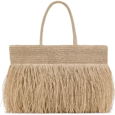 Mango Natural Fiber Shoulder Bag With Fringe In Sand