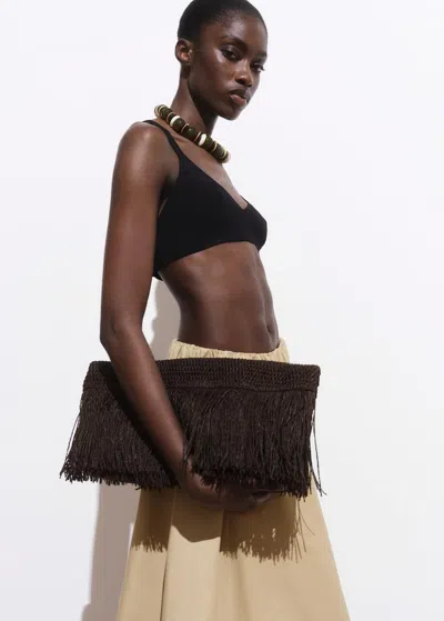 Mango Sac À Main Fibre Naturelle À Franges Chocolat - Femme - Taille Unique -