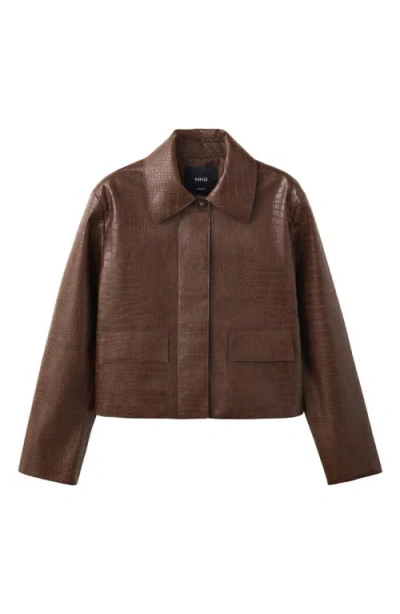 Mango Nilo Croc Embossed Faux Leather Jacket In Brown