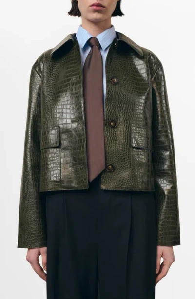 Mango Nilo Croc Embossed Faux Leather Jacket In Green