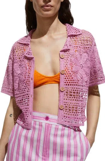 Mango Nusa Crochet Stitch Short Sleeve Cardigan In Purple