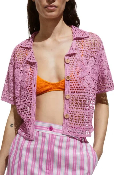 Mango Nusa Crochet Stitch Short Sleeve Cardigan In Light,pastel Purple