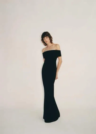 Mango Off-the-shoulder Dress With Slit Detail Black