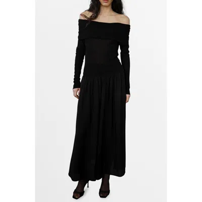 Mango Off The Shoulder Long Sleeve Maxi Dress In Black