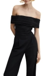 Mango Off-shoulder Jumpsuit With Gathered Detail Black In Black