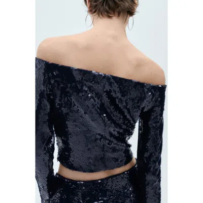 Mango Off The Shoulder Sequin Crop Shirt In Blue