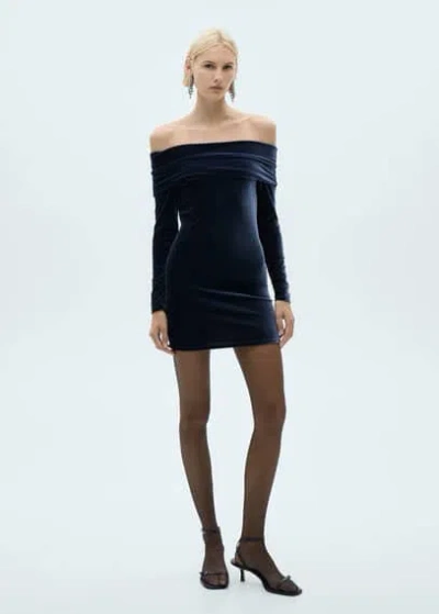 Mango Off-the-shoulder Velvet Dress Night Blue In Black