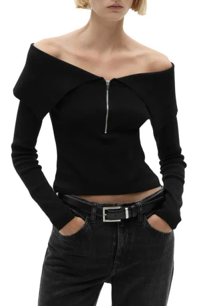 Mango Off The Shoulder Zip Front Cardigan In Black