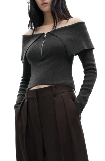Mango Off The Shoulder Zip Front Cardigan In Dark Heather Grey