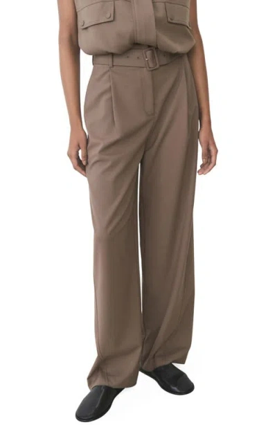 Mango Oliana Belted Pleated High Waist Pants In Medium Brown