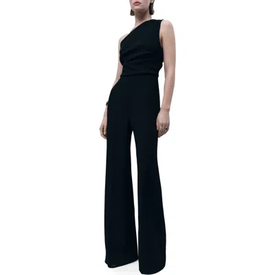 Mango One-shoulder Drape Jumpsuit In Black