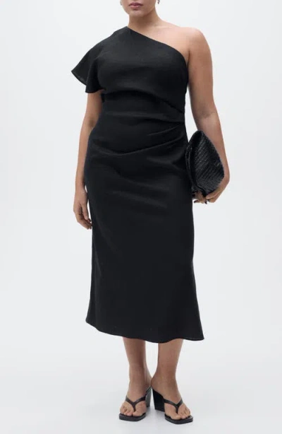 Mango One-shoulder Linen Midi Dress In Black