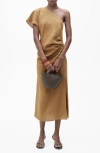 Mango One-shoulder Linen Midi Dress In Brown