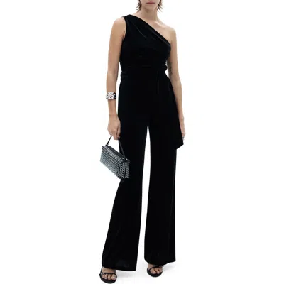 Mango One-shoulder Velvet Wide Leg Jumpsuit In Black