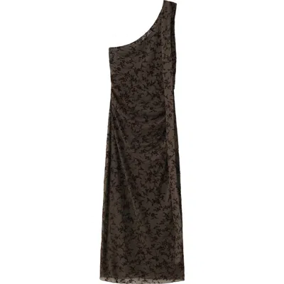 Mango One-shoulder Tie Neck Devoré Dress In Brown