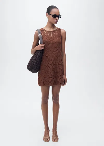 Mango Open Back Crochet Dress Chocolate