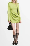 Mango Open Back Long Sleeve Satin Minidress In Green