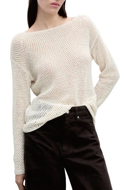 Mango Open Knit Boat Neck Sweater In Ecru