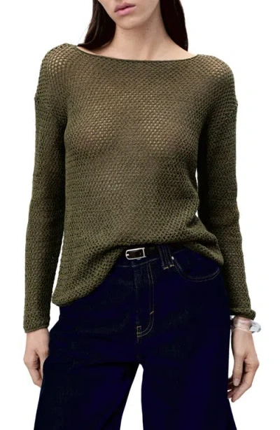 Mango Open Knit Boat Neck Sweater In Khaki Green