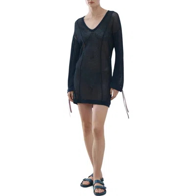 Mango Open Knit Long Sleeve Minidress In Blue