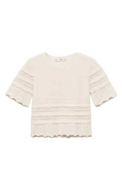 Mango Open Stitch Accent Short Sleeve Crop Sweater In Ecru