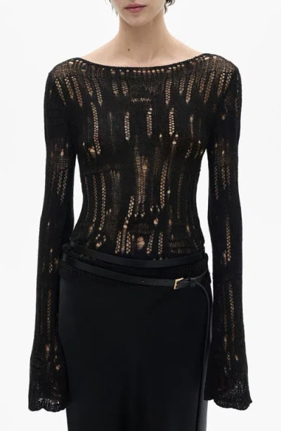 Mango Open Stitch Ballet Neck Sweater In Black