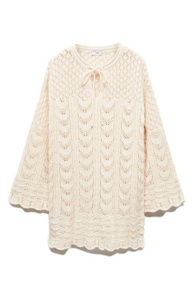 Mango Open Stitch Belted Flare Long Sleeve Minidress In Light Beige