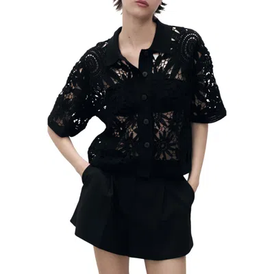 Mango Open Stitch Button-up Polo In Black