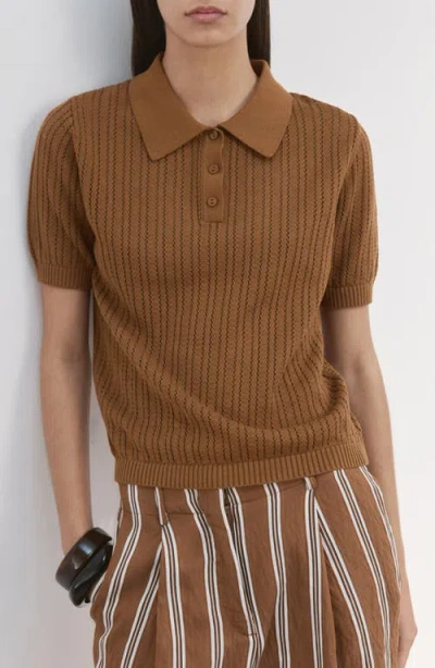 Mango Open Stitch Cotton Polo Sweater In Brown