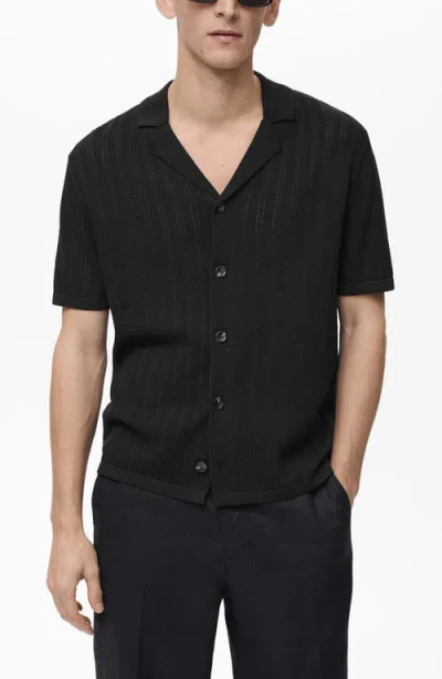 Mango Button Through Revere Collar Crochet Shirt In Black