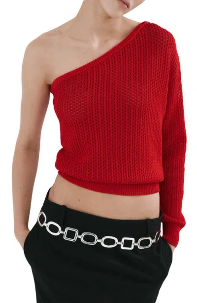 Mango Open Stitch One-shoulder Sweater In Red
