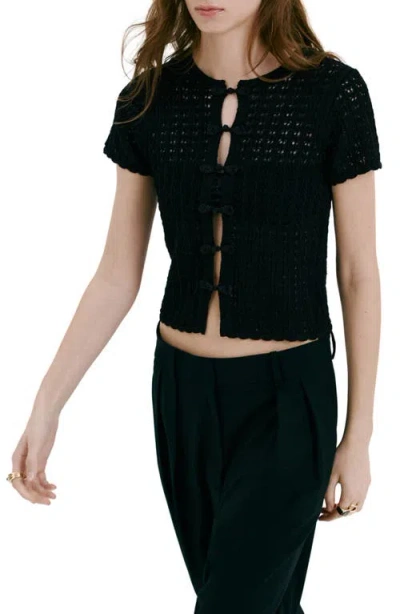 Mango Open Stitch Short Sleeve Cardigan In Black