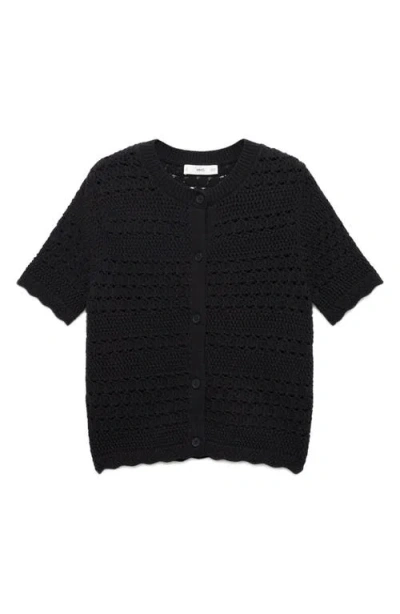 Mango Open Stitch Short Sleeve Cotton Cardigan In Black