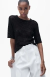 Mango Short-sleeved Openwork Knitted Sweater Black In Black