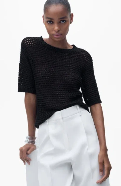 Mango Open Stitch Short Sleeve Top In Black