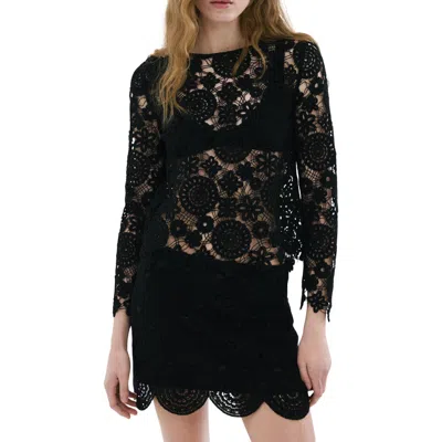 Mango Open Work Floral Sweater In Black