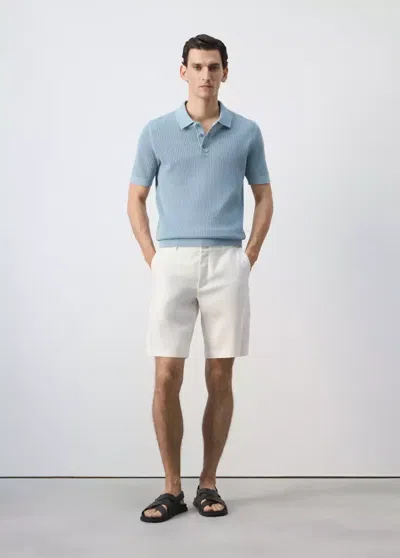 Mango Open-knit 100% Cotton Polo In Aqua Green