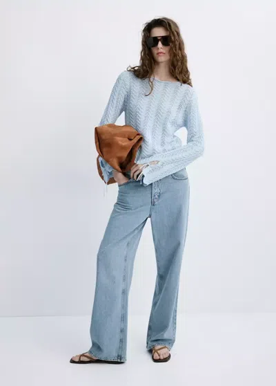 Mango Open-knit Sweater With Slit Sleeves In Blue