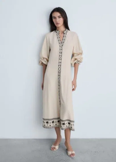 Mango Openwork Cotton Dress Beige