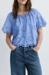Mango Openwork Embroidered Cotton Button-up Top In Blue