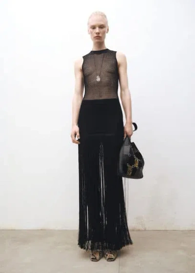 Mango Openwork Knit Dress With Fringes Black
