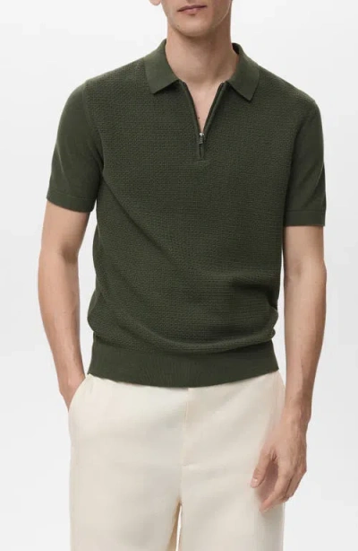 Mango Openwork Knit Quarter Zip Polo In Green