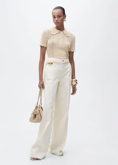 Mango Openwork Short Sleeve Polo Sweater In Neutral
