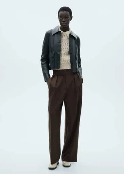 Mango Openwork Knitted Polo-neck Sweater Sand