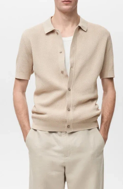 Mango Openwork Short Sleeve Cotton Button-up Shirt In Neutral